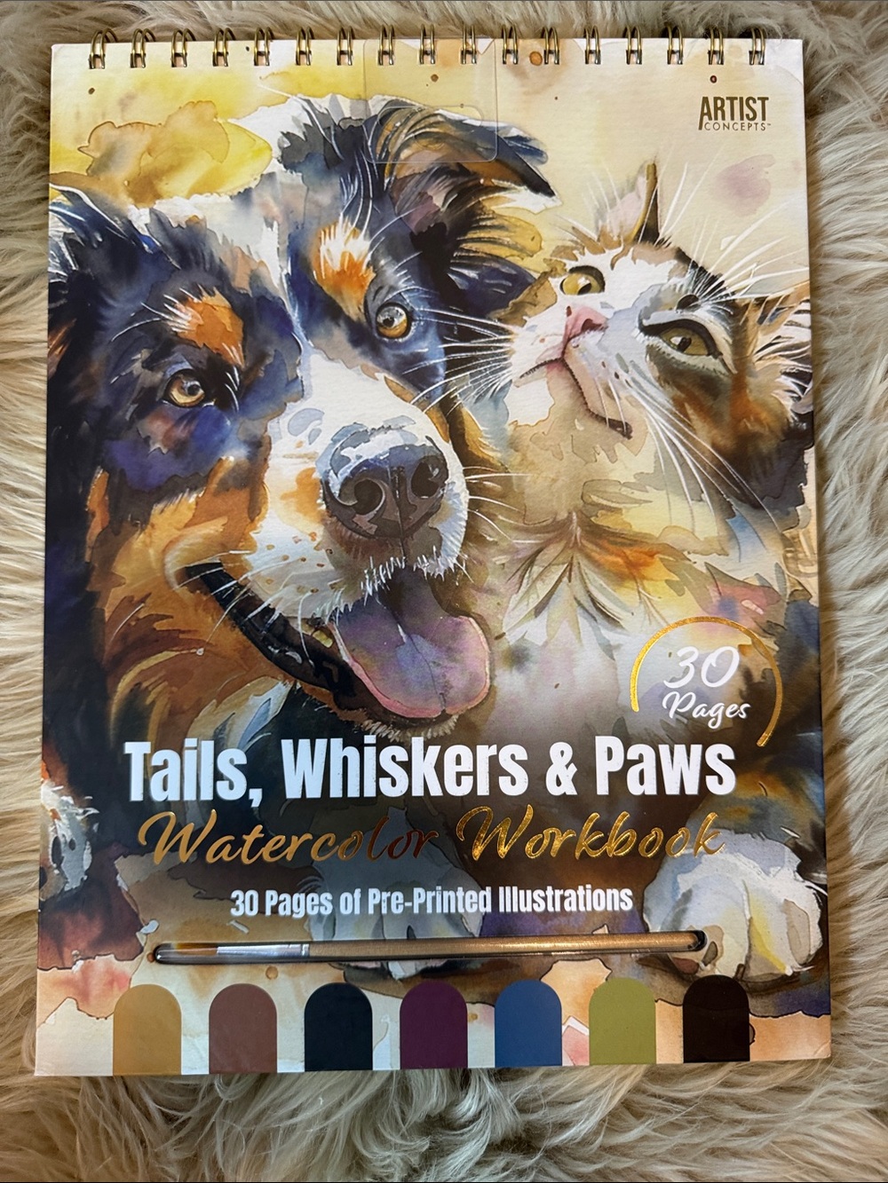Tails, Whiskers & Paws Watercolor Workbook - with brush and colors